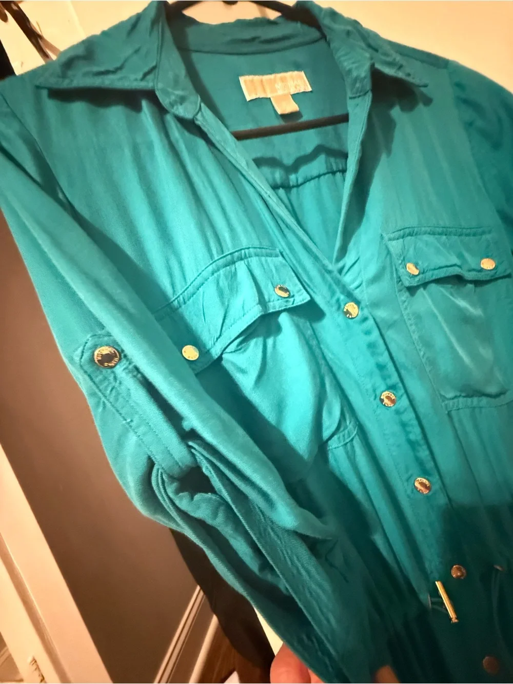 Michael Michael Kors Teal Utility Cinch-Waist Shirt Dress Gold Hardware - Size S